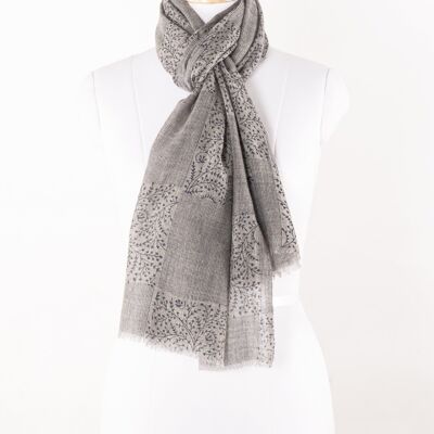 Floral and Stripe Patch Print Merino Wool Scarf - Grey Blue