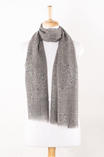 Écharpe en laine mérinos à imprimé floral et rayé - Bleu gris 2