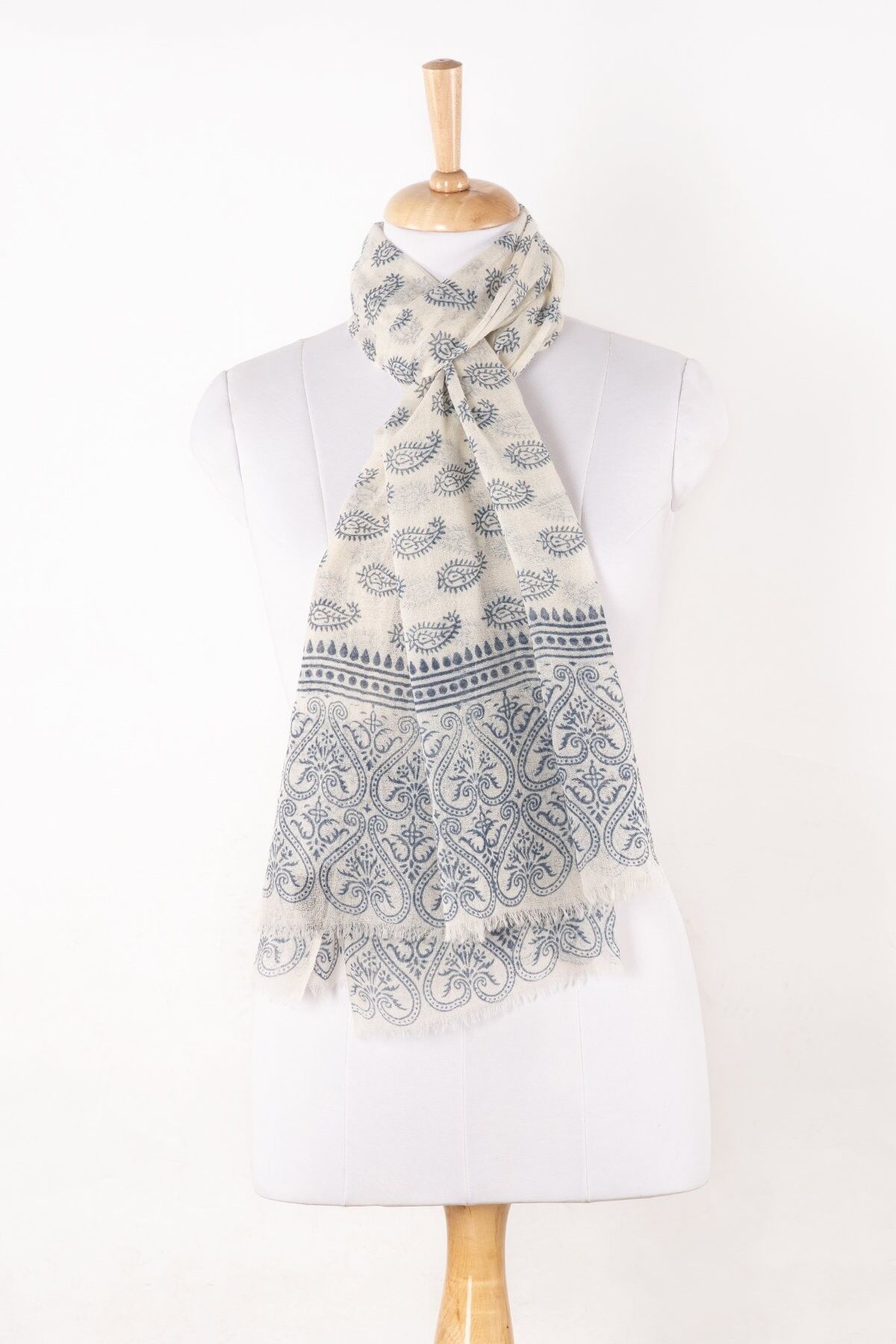 Sciarpa in lana merino con stampa a blocchi di cachemire - Navy