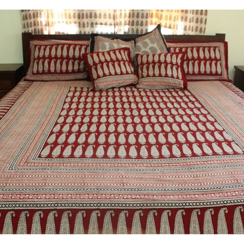 Long Paisley Bagh Hand-block Print Flat Bed Sheet and Pillowcase Set - Red