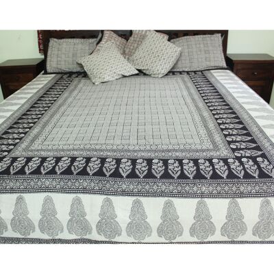 Juego de sábanas y fundas de almohada planas con estampado de bloques a mano de Checks Mix y Floral Bagh - Blanco Negro