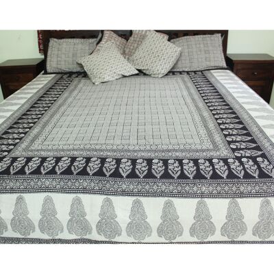 Checks Mix and Floral Bagh Hand-block Print Flat Bed Sheet and Pillowcase Set - White Black