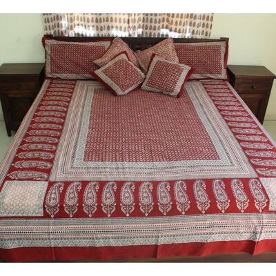 Flower Mesh & Paisley Hand-block Print Flat Bed Sheet and Pillowcase Set - Red