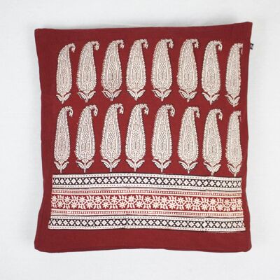 Fodera per cuscino lunga in cotone con stampa Paisley Bagh realizzata a mano - rossa