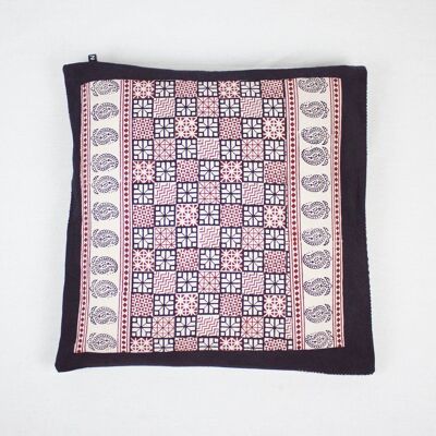 Checks Mix & Diamond Bagh Hand Block Print Cotton Cushion Cover - White Black Red