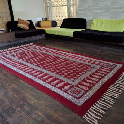 Traditional Paisley Jaal & Border Hand-block Print Rug - Red White