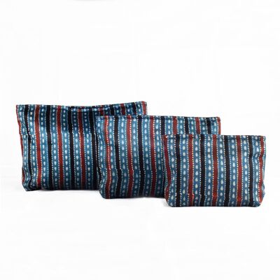 Ajrakh Hand-block Print Pouch Set de 3 - Rayas azules y negras