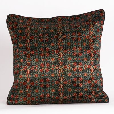 Housse de coussin en soie Mashru imprimée à la main avec fleurs géométriques - Rouge Noir