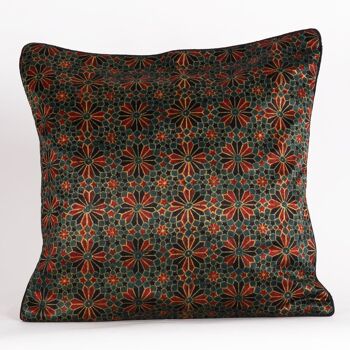 Housse de coussin en soie Mashru imprimée à la main avec fleurs géométriques - Rouge Noir 1