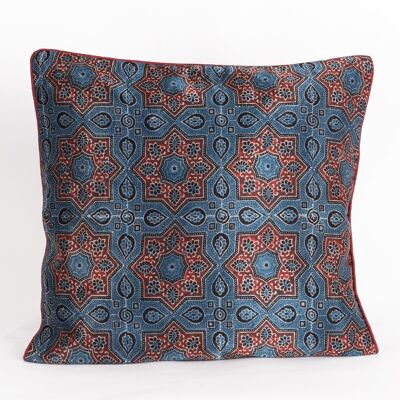 Housse de coussin en soie Mashru imprimée à la main avec fleurs étoilées - Rouge Bleu