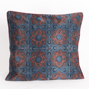 Housse de coussin en soie Mashru imprimée à la main avec fleurs étoilées - Rouge Bleu 1