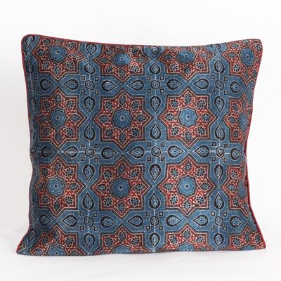 Kissenbezug aus Mashru-Seide mit Sternblumen-Handblockdruck, Rot, Blau