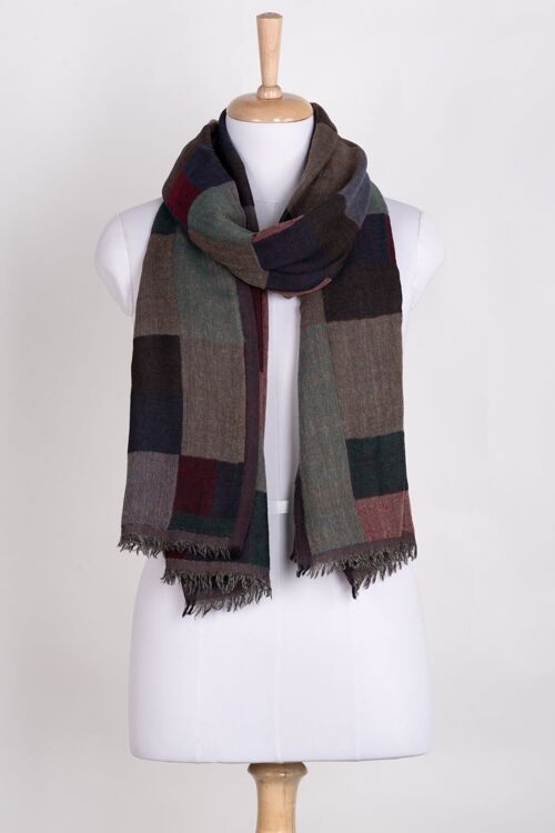 Mix Checks Jacquard Merino Wool Scarf - Red Blue Multi