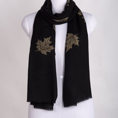 Gold Maple Leaf Cashmere Wool Scarf - Black
