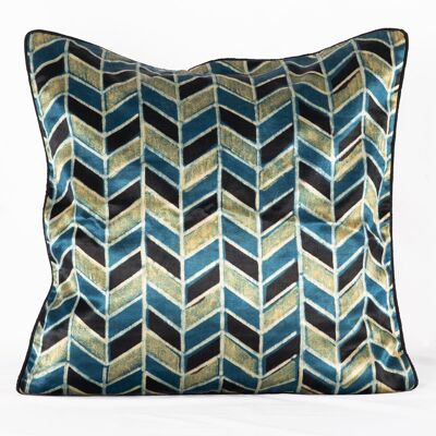 Geometric Chevron Hand Block Print Mashru Silk Cushion Cover - Blue Black