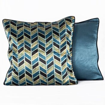 Housse De Coussin En Soie Mashru Imprimé Géométrique Chevron Main - Bleu Noir 3