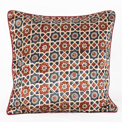 Housse de Coussin en Soie Mashru à Imprimé Géométrique Fleur à la Main - Blanc Cassé Bleu Rouge