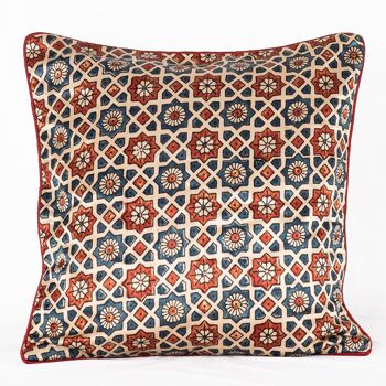 Housse de Coussin en Soie Mashru à Imprimé Géométrique Fleur à la Main - Blanc Cassé Bleu Rouge 1