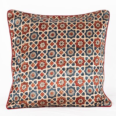 Geometric Flower Hand Block Print Mashru Silk Cushion Cover - Off-White Blue Red