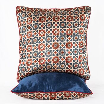 Housse de Coussin en Soie Mashru à Imprimé Géométrique Fleur à la Main - Blanc Cassé Bleu Rouge 2