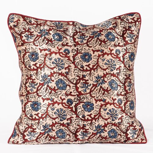 Floral Vine Hand Block Print Mashru Silk Cushion Cover - Off-white Blue Red