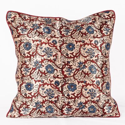 Housse de Coussin en Soie Mashru Imprimé Main Vigne Floral - Blanc Cassé Bleu Rouge