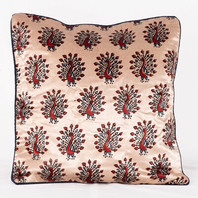 Peacock Hand Block Print Mashru Silk Cushion Cover - Off-white Red