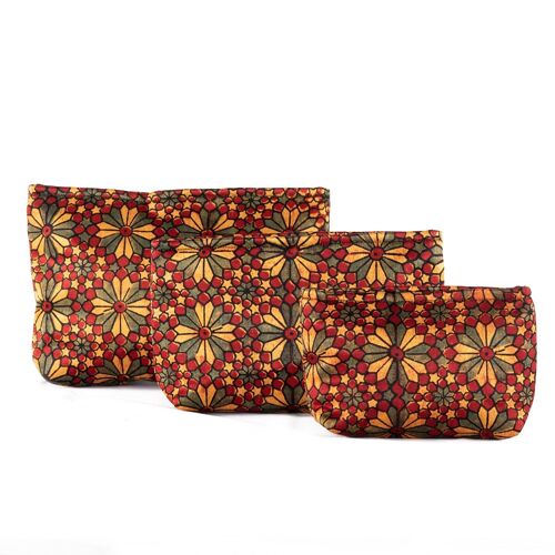 Hand-block Print Silk Travel Case Set of 3 - Red Yellow Green Geometric Floral