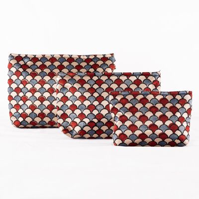 Handblock Print Silk Travel Case 3er-Set - Blau Rot Cremefarbene Schale