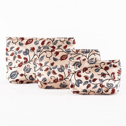 Hand-block Print Silk Travel Case Set of 3 - Off-white Red Blue Floral