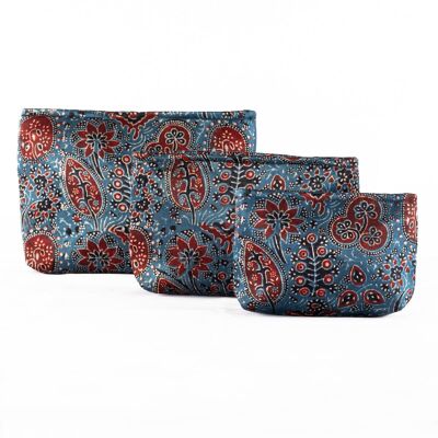 Hand-block Print Silk Travel Case Set of 3 - Blue Red Black Floral