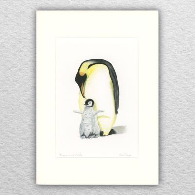 Pinguin- und Kükendruck – A5 auf A4 montiert – Tierkunst – europäische Kunst – Vogelkunst – Aquarellstift – Zeichnung – Giclée – Illustration – Malerei