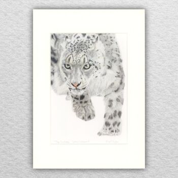 Imprimé léopard des neiges - A5 monté sur A4 - art animalier - art asiatique - art animalier - art félin - crayon de couleur - dessin - giclée - illustration - peinture 1