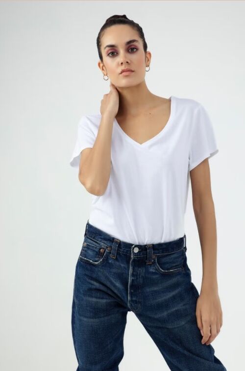 Rebecca Women T-Shirt V-Neck Short Sleeve White Single Jersey