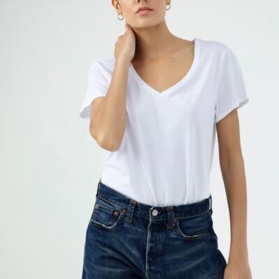 Camiseta Rebecca Mujer Cuello V Manga Corta Blanco Single Jersey