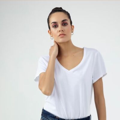 Camiseta Rebecca Mujer Cuello V Manga Corta Blanco Single Jersey
