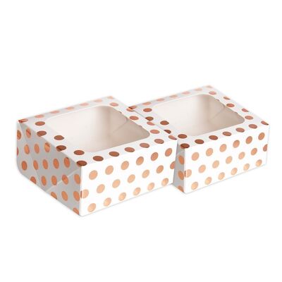 Boîtes à friandises carrées à pois en or rose avec feuille de fenêtre