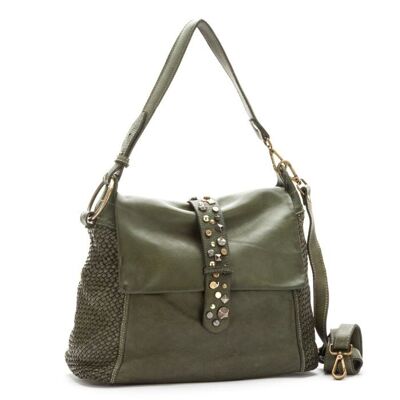 Priscilla Rock Shoulder Bag Narrow Weave and Studded Detail Army Green