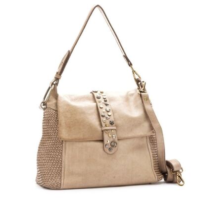 Priscilla Rock Shoulder Bag Narrow Weave and Studded Detail Beige