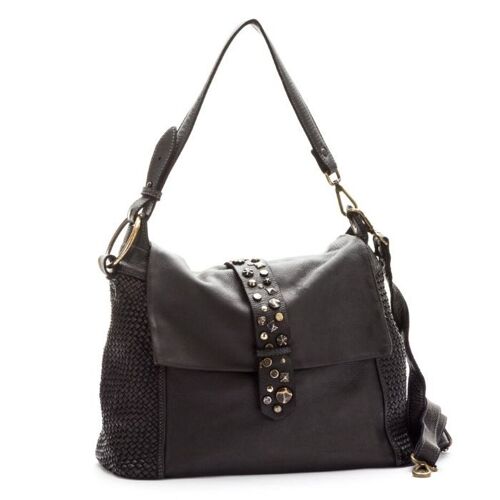 Priscilla Rock Shoulder Bag Narrow Weave and Studded Detail Black