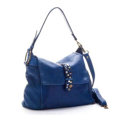 Priscilla Rock Shoulder Bag Narrow Weave and Studded Detail Blue