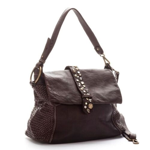 Priscilla Rock Shoulder Bag Narrow Weave and Studded Detail Brown