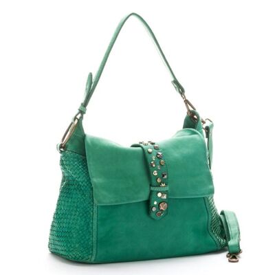 Priscilla Rock Shoulder Bag Narrow Weave and Studded Detail Emerald