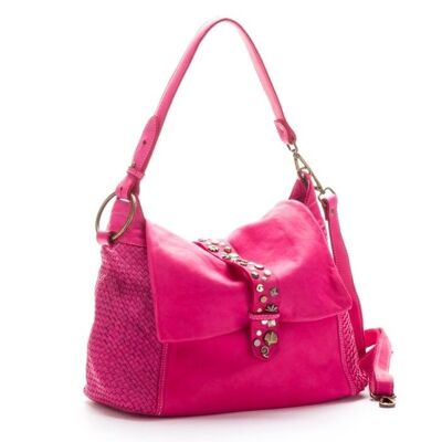 Priscilla Rock Shoulder Bag Narrow Weave and Studded Detail FUCHSIA