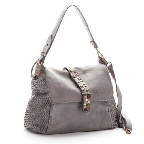 Priscilla Rock Shoulder Bag Narrow Weave and Studded Detail Light Grey
