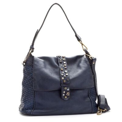 Priscilla Rock Shoulder Bag Narrow Weave and Studded Detail Navy