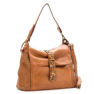 Priscilla Rock Shoulder Bag Narrow Weave and Studded Detail Tan