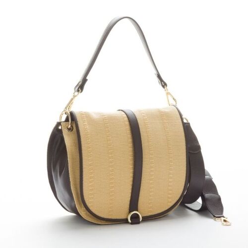 VITTORIA Raffia Shoulder Bag with Leather details Dark Brown