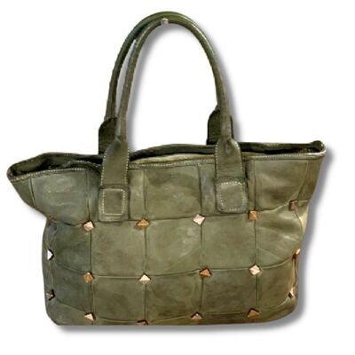 CAMELIA Large Studded Leather Shoulder Bag | Army Green
