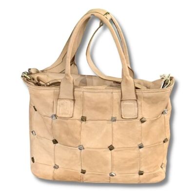 CAMELIA Large Studded Leather Shoulder Bag | Beige